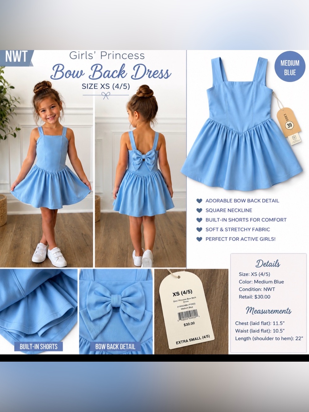 Blogilates Girls’ Princess Bow Back Dress | NWT XS (4/5) built in shorts